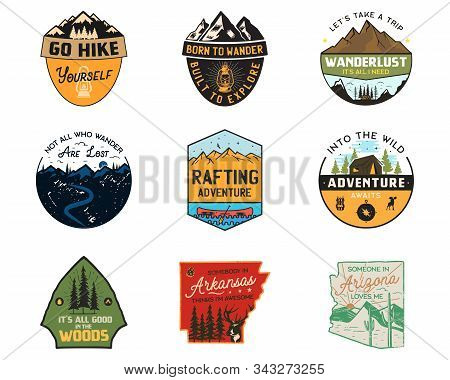 Vintage Camp Logos, Mountain Color Badges Set. Hand Drawn Labels Designs. Travel Expedition, Wanderl