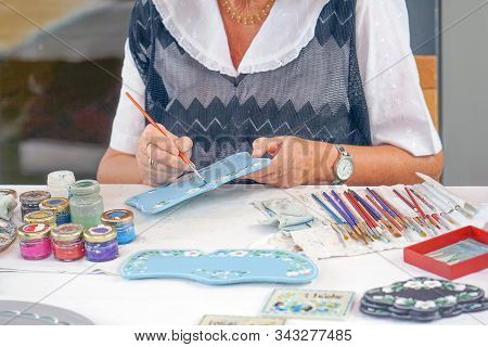 An Elderly Woman Paints Decorative Paintings With Oil. Retirement Hobby. Zoetermeer. Netherlands.