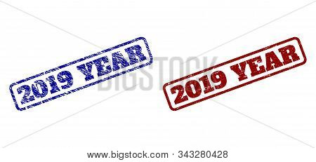 Rounded Rectangle 2019 Year Seal Stamps. Blue And Red Textured Seal Stamps With 2019 Year Caption In