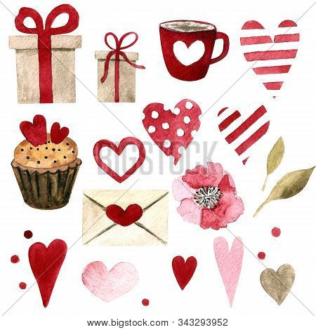 Objects And Elements For Valentines Day Cards: Hearts, Coffee, Capcake, Leaves, Flower, Gift
