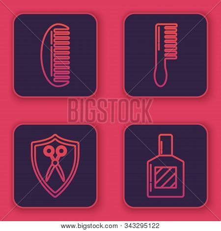 Set Line Hairbrush, Scissors Hairdresser And Shield, Hairbrush And Aftershave. Blue Square Button. V