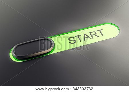 Green Push Buttons Start On Gray Background. 3d Rendering