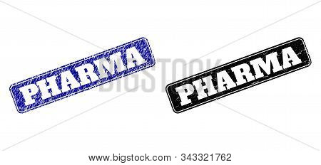Rounded Rectangle Pharma Seals. Black And Blue Grunge Seals With Pharma Caption Inside Rounded Recta