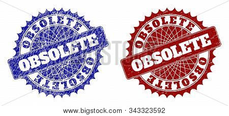 Rounded Obsolete Watermarks. Blue And Red Scratched Seals With Obsolete Phrase Inside Rounded Rosett