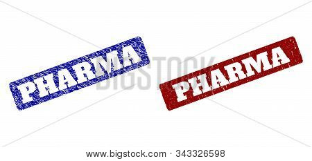 Flat Vector Pharma Rubber Imitations With Scratched Styles. Rounded Rectangle Stamps. Red And Blue S