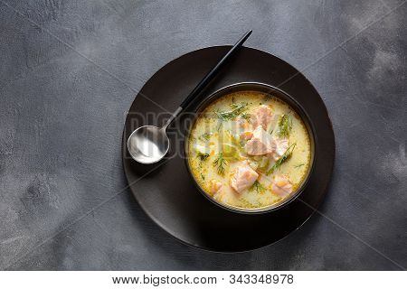 Creamy Fish Soup With Salmon, Potatoes, Onions , Carrots, Dill And Celery . Kalakeitto- Traditional 