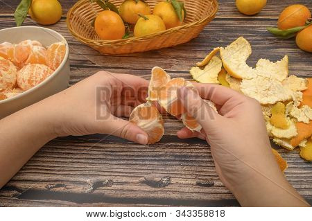The Girls Hands Are Cleaning Tangerine, Tangerines On A Twig With Green Leaves, Peeled Tangerines In