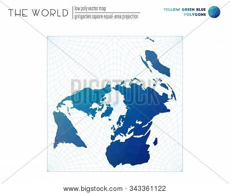 World Map In Polygonal Style. Gringorten Square Equal-area Projection Of The World. Yellow Green Blu