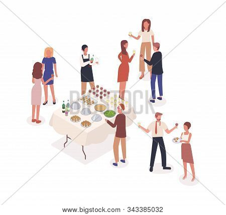 Social Event, Stand-up Meal Isometric Vector Illustration. Corporate Party, Soiree, Celebration. Mal
