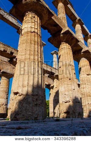 The Greek Temple Of Neptune In The Archaeological Site Of Paestum