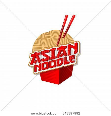 Chinese Food Logo. Food Box Icon. Red Lettering With Chopsticks On Noodle Background. Emblem Of Trad