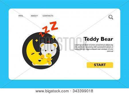 Illustration Of Cute Cartoon Teddy Bear Sitting On Moon. Sleeping, Night Time, Crescent. Night Time 