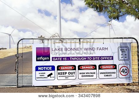 Mounr Gambier, Australia - December, 31, 2019: A Photo Of Front Entrance To Lake Bonney Wind Farm, T