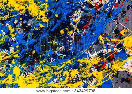 Abstract Expressonism. Picture Painted Using The Technique Of Dripping. Mixing Different Colors Red 