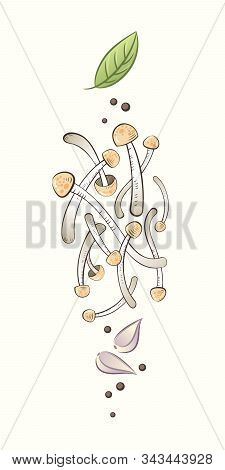 Asian Mushrooms Illustration. Fresh Enoki Or Shimeji Mushrooms With Spicy And Basil Leaf. Cooking Of