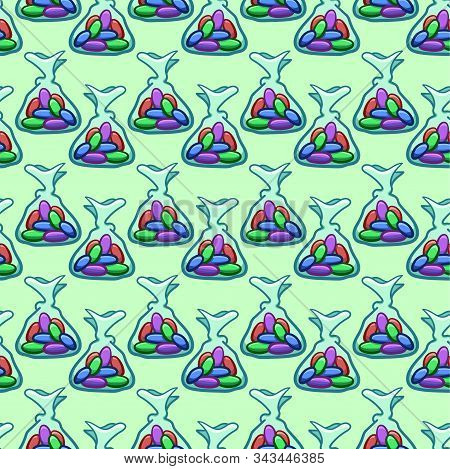Jelly Beans Candies In Transparent Wrapper Seamless Pattern On Green Background