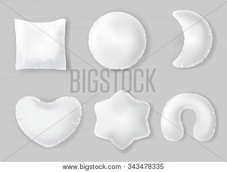 White Cotton Pillows, Fluffy Cushions Isolated On Gray Background. Vector Realistic Mockup Of Blank 