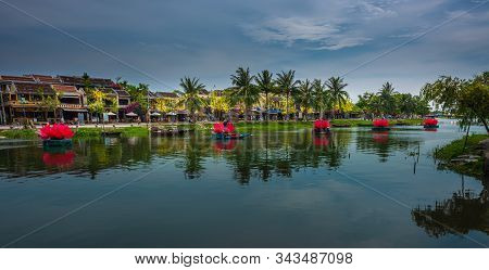 Thu Bon River Old Town Hoi An, Vietnam Traditional Boats And Floating Decorations