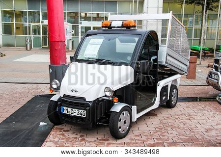 Frankfurt Am Main, Germany - September 14, 2013: Tiny Electric Dump Truck Ligier Be Sun L3 Presented