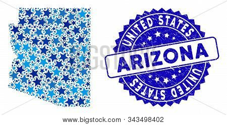 Blue Arizona State Map Mosaic Of Stars, And Textured Rounded Stamp. Abstract Territory Scheme In Blu