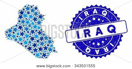 Blue Iraq Map Collage Of Stars, And Grunge Rounded Stamp Seal. Abstract Territory Plan In Blue Shade