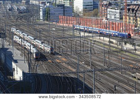 Zuerich, Switzerland - April 20, 2019. Top View Of The Railways Of The Central Railway Station. City