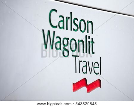 Prague, Czechia - November 1, 2019: Carlson Wagonlit Travel Logo On Their Main Office For Prague, Ca