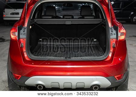 Novosibirsk, Russia - November 27, 2019:  Ford Kuga,  Close-up Of The Open Trunk, Headlight, Bumper,
