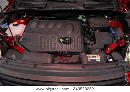 Novosibirsk, Russia - November 27, 2019:  Ford Kuga,  Closeup Of A Clean Motor Block, . Internal Com