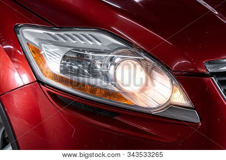 Novosibirsk, Russia - November 27, 2019:  Ford Kuga,  Close Up Detail On One Of The Led Headlights M