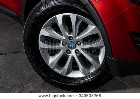 Novosibirsk, Russia - November 27, 2019:  Ford Kuga,  Close-up Car Wheel With Aluminum Alloy Wheel A