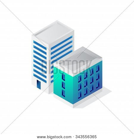 Isometric Building 3d Icon, City Vector Illustration Template Isolated On White Background