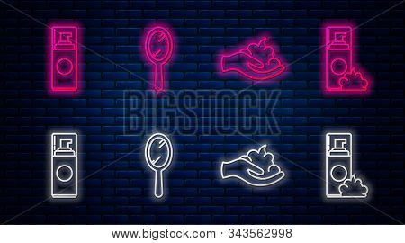 Set Line Hand Mirror, Shaving Gel Foam On Hand, Shaving Gel Foam And Shaving Gel Foam. Glowing Neon 