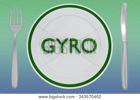 3d Illustration Of Gyro Title On A White Plate, Along With Silver Knif And Fork, On A Colored Gradie