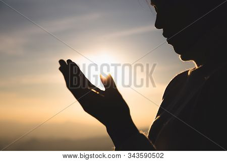 Christian Religion Concept Background, Human Hands Open Palm Up Worship. Remembering God And Gratitu