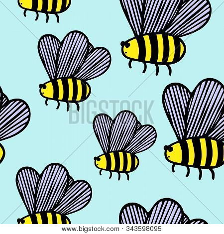 Seamless Pattern With Drawn Bees In Vector