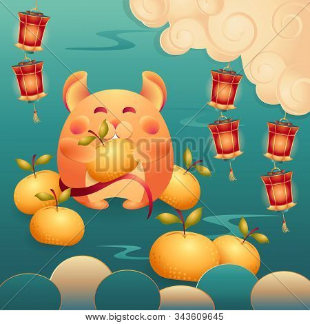 Chinese New Year Rat, Symbol 2020, With Orange, Red Lights. Vector Happy Mouse On Navy Blue Backgrou