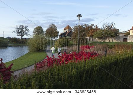 Visby, Sweden On October 12. View Of Almedalen Park This Side The City Wall On October 12, 2019 In V