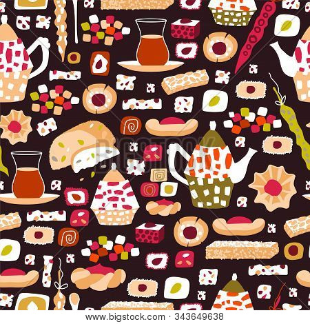 Vector Seamless Pattern Of Arabic Sweets And Oriental Tea Party. Background For A Card Or Poster For