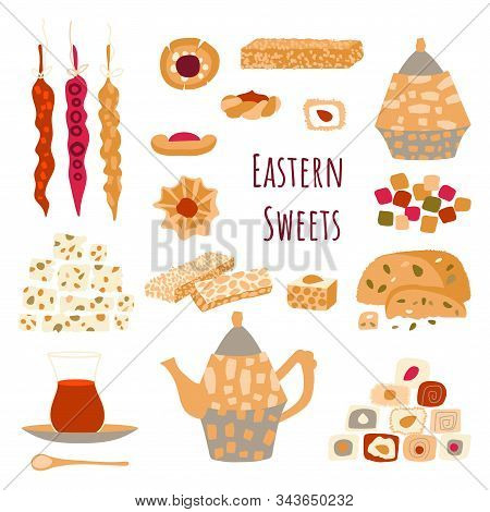 Vector Set Of Oriental Sweets And Arabic Tea Party. Desing For A Card Or Poster For A Holiday Invita