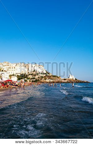 August 12, 2019, Sperlonga, Italy, View On Old Town Sperlonga And Clowded Sandy Beach During August 