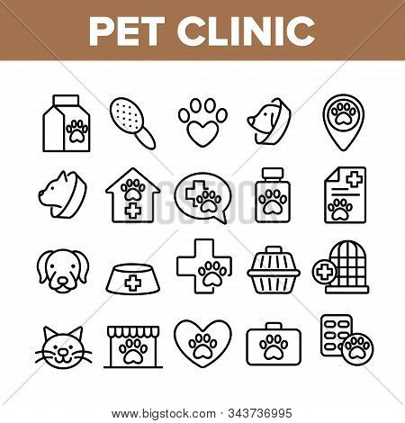 Pet Clinic Veterinary Collection Icons Set Vector Thin Line. Dog Paw On Heart And Medical Cross, Bir