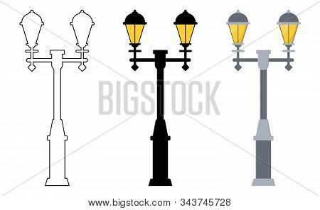 Outline, Black Silhouette, Cartoon Streen Lights Set Isolated On White Background. Vintage Street Li