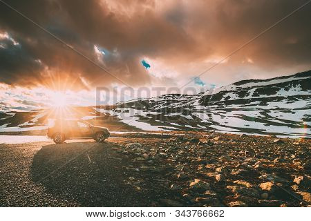 Aurlandsfjellet, Norway. Car Suv Parked Near Aurlandsfjellet Scenic Route Road In Summer Norwegian L