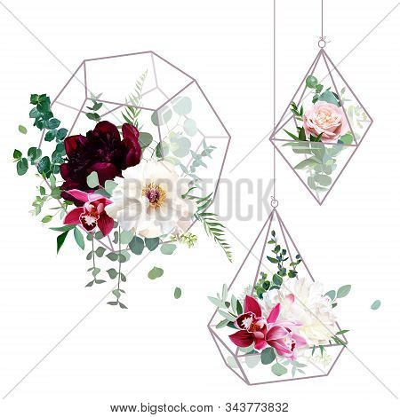 Flower Geometric Glass Hanging Terrarium Vector Design Objects. Wedding Flowers Bouquets. Ivory Whit