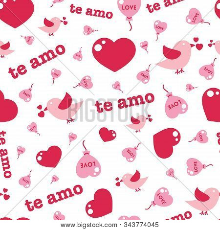 Vector Heart, Brid, Baloon With Text Seamless Pattern Background On White Surface