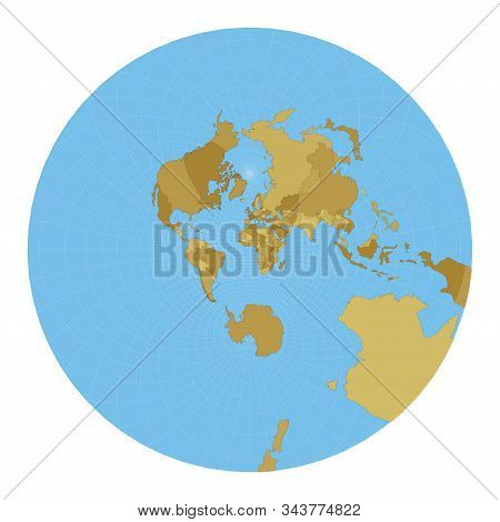 World Map. Stereographic. Map Of The World With Meridians On Blue Background. Vector Illustration.