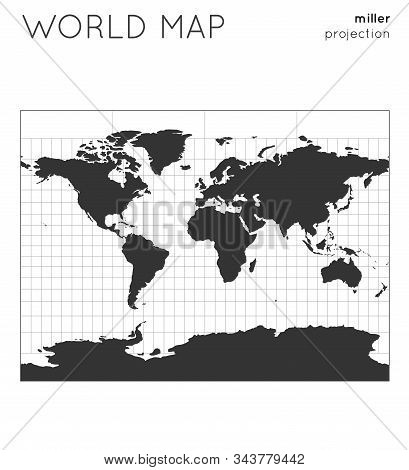 World Map. Globe In Miller Projection, With Graticule Lines Style. Modern Vector Illustration.