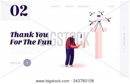 Alphabet Element, Futuristic Technologies Website Landing Page. Happy Man Control Quadcopter Which C