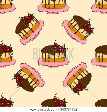 Cute Seamless Pattern.cherry Chocolate Cake Icon. Isometric Of Cherry Chocolate Cake Vector Icon For